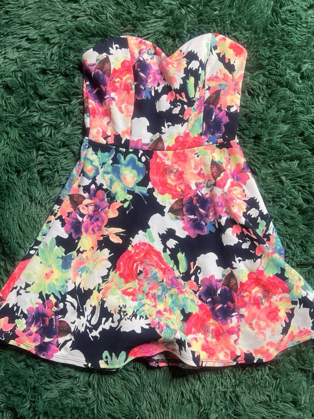 Charlotte Russe Black Floral Strapless Skater Dress with Neon Multicolor Blooms